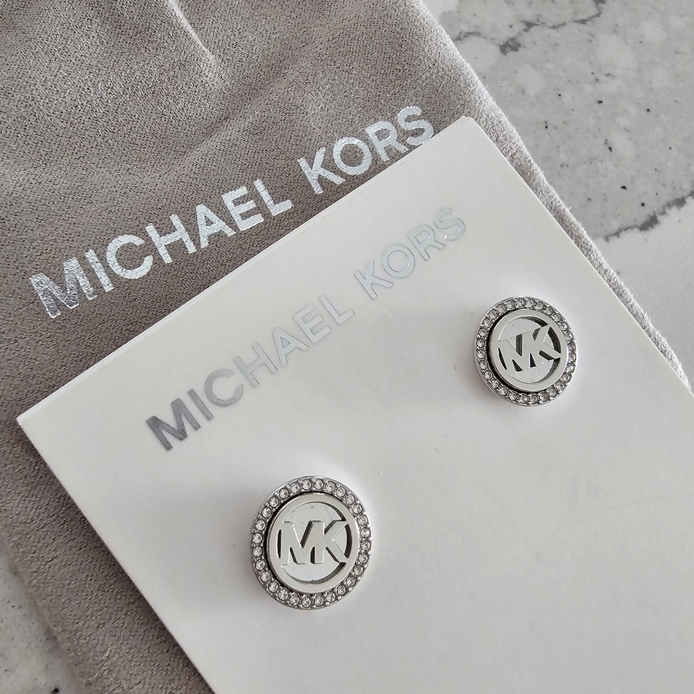 NWT Michael Kors Silver Tone Crystal Monogram Pave,Stud Round Earrings